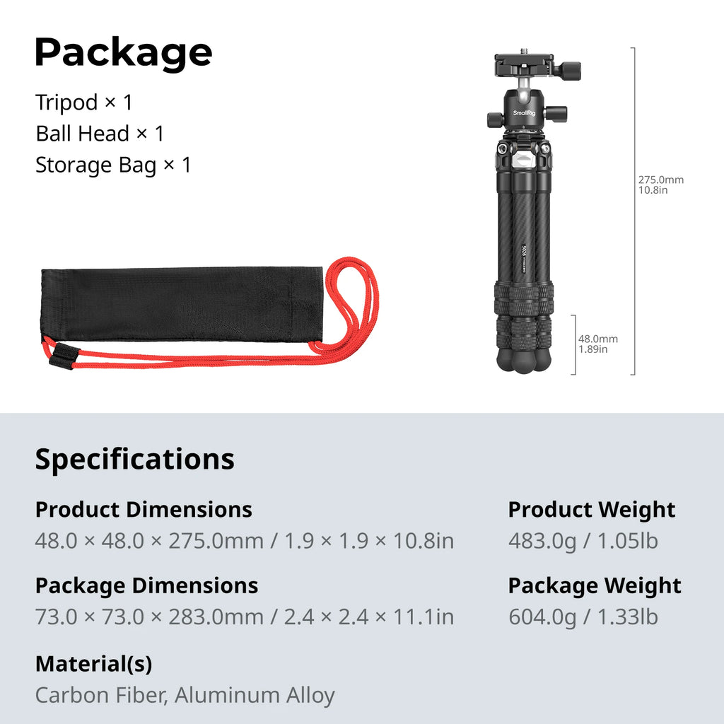 SmallRig Carbon Fiber Pocket Tripod Kit with Ball Head Storage Bag for DSLR, Mirrorless Camera Load Up to 5kg (VT193C0-BH3) 5026